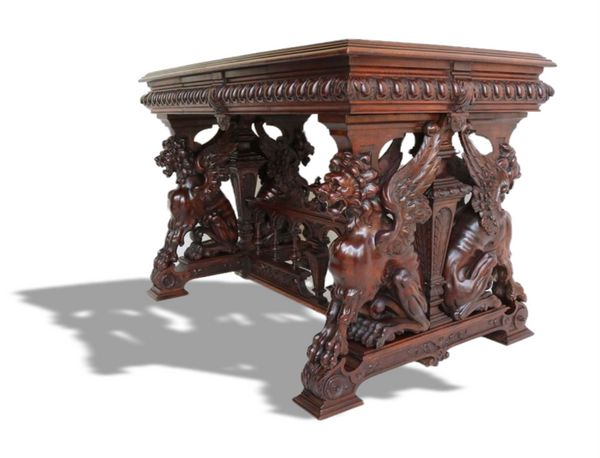 Victor Aimone desk renaissance revival 1890 carved walnut